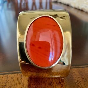Diane Von Furstenberg Wide 1’5” Gold Tone Cuff Bracelet&Big Orange Natural Coral